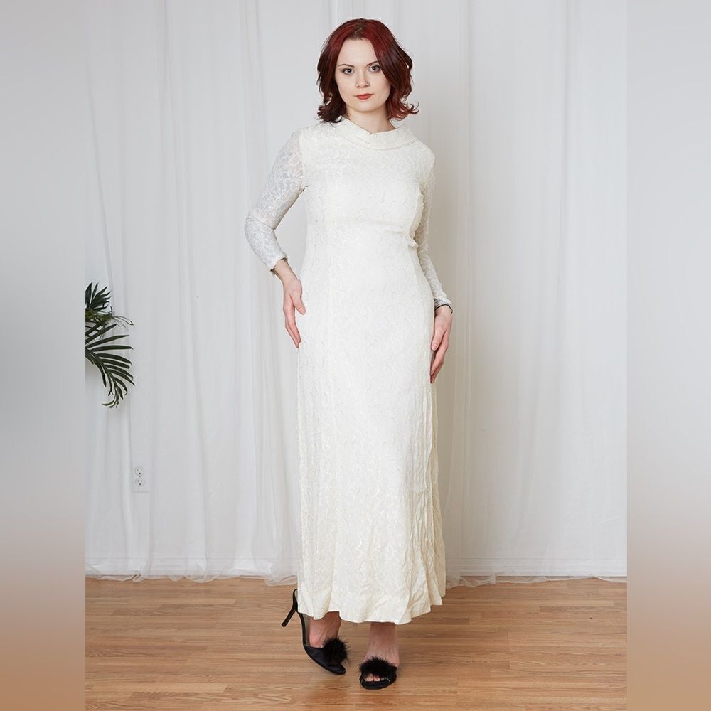 Vintage 60s 70s Ivory Lace Cowl Neck Gown Wedding S